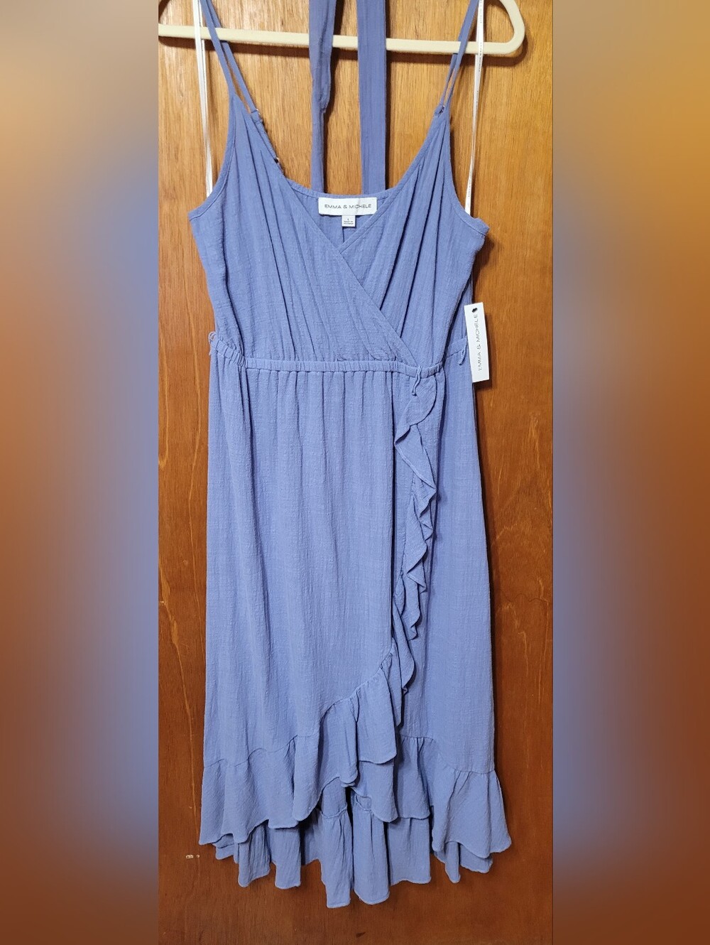 Emma & Michele Cotton Size Large Faux Wrap Asymmetric Hem Blue Maxi Dress (1259)